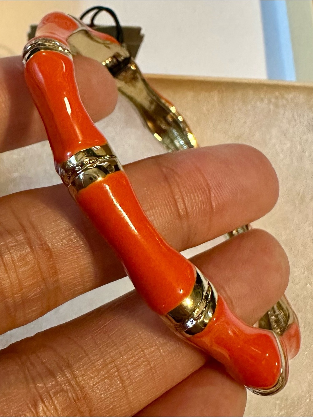 Sequin Nordstrom Orange Enamel hinged Bamboo Bracelet bangle NIB